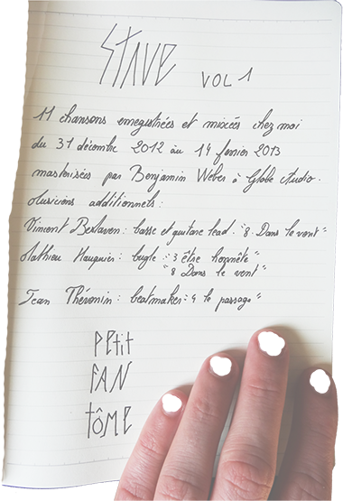 Handwritten notes for Stave listing the 11 songs and guest musicians